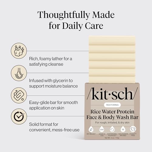 Image of Rice Water Protein Restoring Face & Body Wash Bar Soap - Hydrating Face Wash & Body Wash, Skin Care Cleanser with Niacinamide & Oat Peptides, Gentle Moisturizing for Dry & Sensitive Skin - 4 oz