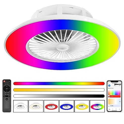 VNPONV Low Profile Ceiling Fan - 22" Smart Bladeless Ceiling Fans with Lights and Remote,RGB Colors Change Dimmable LED, 0-100% Fan Speeds,Enclose LED Ceiling Fans for Living Room Bedroom