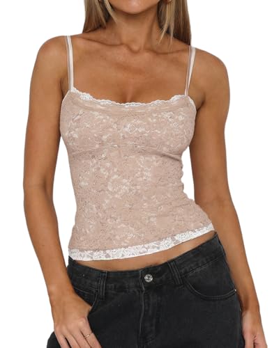 QINSEN Doubled Lined Lace Cami Tank for Women Scoop Neck Two Tone Slim Fit Y2K Summer Going Out Camisole Shirts Light Nude M