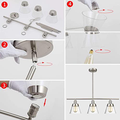 Modern Brushed Nickel Kitchen Island Lighting, Clear Seeded Glass Linear Chandelier, 3 Lights Pendant Light Fixture For Kitchen Island Dining Room #TOP7