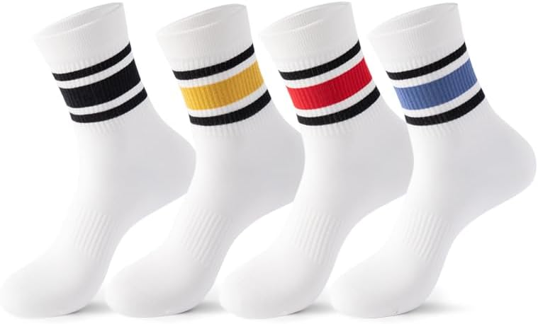 Womens Striped Crew Socks, Women Casual Calf Socks，Cotton Socks for Women 4 Pairs
