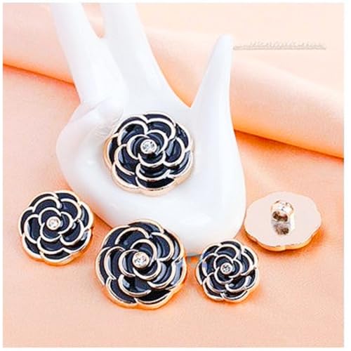 Image of Pack of 6 Resin Rose Flower Buttons Diameter 20 L Shank Button for Sewing On Blazer Jacket and Art and Craft| Beautiful Black Rose with Silver Edges and Rhinestone in Centre