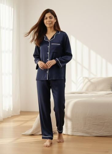Image of STORIES OF BANNO'S SWAGGER Women Satin Solid Night Suit Set | Premium Soft Satin Nightwear Pajama Set | Stylish Comfortable Sleepwear for Ladies | Elegant Lounge Wear Night Dress