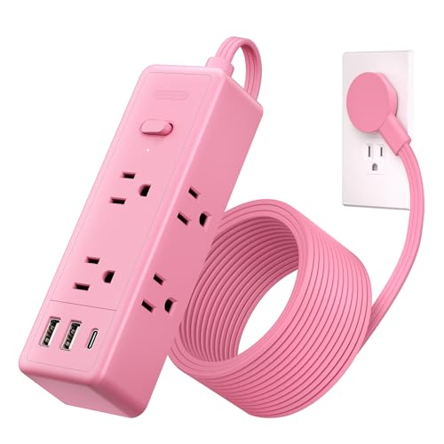 NTONPOWER Pink Extension Cord 10 ft, Protector contra Sobretensiones 1080 Joules, Regleta con 6 Tomas y 3 USB (1 USB-C), Cable de Extensión Plano para Hogar Oficina Dormitorio miniatura 1