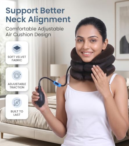 Image of Dimore Inflatable Brace Pillow Cervical Traction Device Adjustable Stretcher,Ideal for Spine Alignment and Chronic Pain Relief. (Brown)