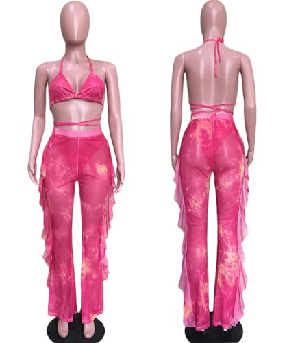 Women 2 Piece Outfits Bikini Swimsuit - Sexy See Through Mesh Crop Top Ruffle Long Pant Jumpsuits Beach Cover Up3