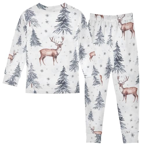 Fustylead Xmas Winter Forest Deer and Fir Tree Cotton Pajamas 2-Piece Long Sleeve Sleepwear Matching Set2