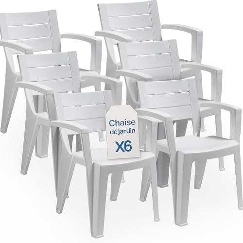 Tomaino Maya Chaise de jardin empilable, polypropylène, 60 x 58 x 79 cm, résistante aux UV, portée 100 kg, design effet bois, blanc/noir (6, blanc)