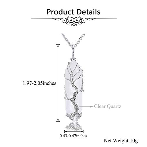 Pesoenth Tree Of Life Clear Quartz Crystal Healing Pendant Necklace Silver Wire Wrapped Raw Gemstone Hexagonal Reiki Energy Stone Pointed Pendant Jewelry For Women Men #TOP4