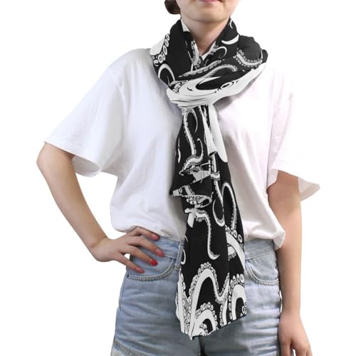 ALAZA White Kraken Black Chiffon Silk Long Scarf Shawl Wrap3