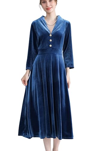 AXOE Women's Velvet Dress Elegant Vintage Midi 3/4 Sleeves Autumn Winter Fashion for Wedding Guest Blue, UK Size 14, L
