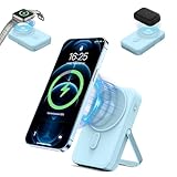 Batterie Externe 10000mAh Magnétique 3-en-1, Chargeur Portable sans Fil 15W, 22.5W USB-C Charge Rapide avec Béquille & Affichage LED, Compatible Mag-Safe pour Smartphone, Casque et Montre (Vert)