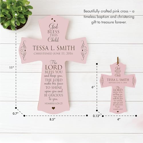 Image of LifeSong Milestones Personalized Baptism 1st Holy Communion Christening Wall Cross Decoration God Bless This Child the Lord Bless You and Keeps You (8.5 inch x 11 inch, Pink)