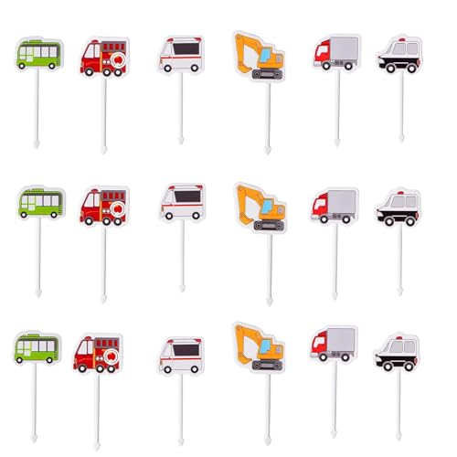 Dewocke Mini Cartoon Food Toothpick Set, 18pcs Kids Foods Picks & Toddlers Lunch Decoration, Vehicle Food Fruit Picks Forks for Bento Box, Fun Toothpicks, Pickle Fork, Bento Toothpicks, Small Forks