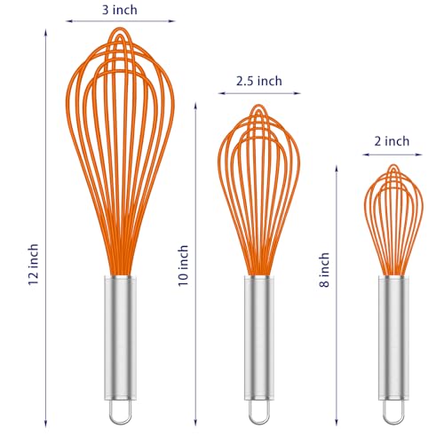 Image of OYV Orange Silicone Whisk, Professional Whisks For Cooking Non-Scratch, Stainless Steel & Silicone Wisk, Plastic Rubber Whisk Tool For Nonstick Cookware Pans, BPA free, Silicon Wisks Set of 3