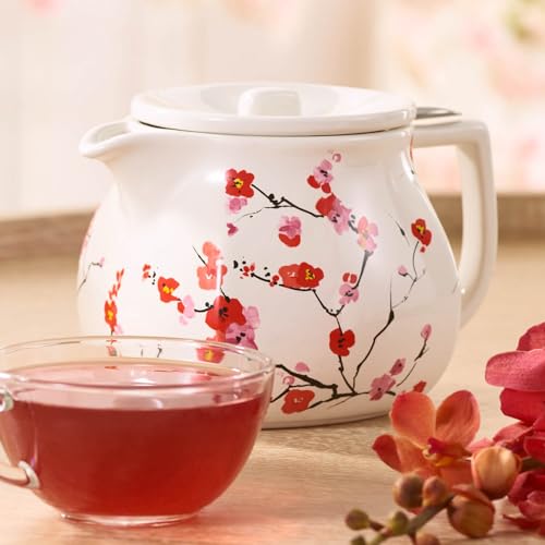 Image of Tea Forte Ceramic Teapot with Infuser, Sakura Cherry Blossom, 24 oz | Floral Patterned Ceramic Teapot & Lid - Stainless Steel Loose Leaf Tea Infuser - Microwave & Dishwasher Safe
