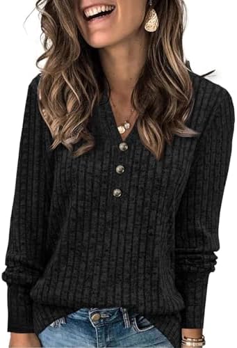 Fisoew Damen Pullover V-Ausschnitt Oversize Langarmshirt | Casual,Strickpullover,Oberteil,Loose Fit,Pulli,Oversize,Sweatshirt,Longsleeve,Bluse