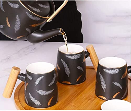 Porcelanowy zestaw do herbaty z bambusową tacą - 8-częściowy ceramiczny czajniczek i filiżanki do domu, biura i na zewnątrz popołudniowej herbaty