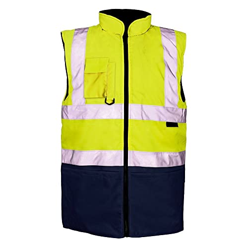 Stormway Mens Hi Vis Visibility Reversible Reflective Bodywarmer Fleece Lined Safety Workwear Gilet Vest (Yellow/Navy, XL)