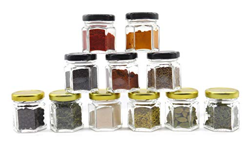 Image of Cute Hexagonal 50 Grams Airtight Glass Jar Containers for Honey, Spices & Other Kitchen Items with Rust Proof Gold & Black Color Caps -Set of 12