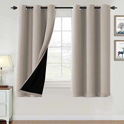 Cortinas opacas 100% para dormitorio, con aislamiento térmico, 160 cm de largo, cortinas de bloqueo de luz completa y calor para sala de estar con forro negro, juego de 2 paneles, natural Cover