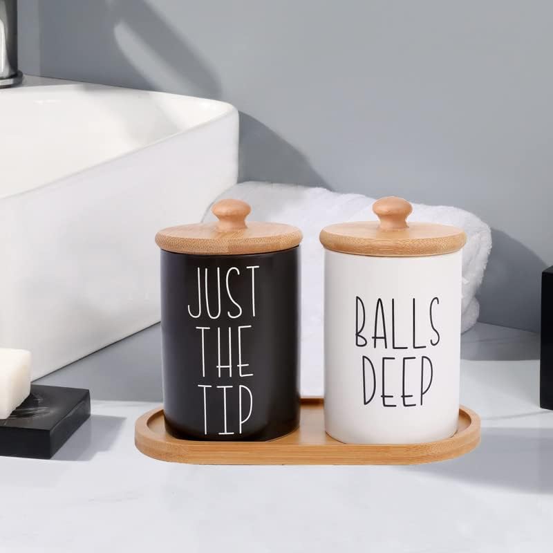 Miniatura 5 de VICUKIE Tarros de boticario, soporte de cerámica para Qtip y soporte de bola de algodón, exquisitos frascos de boticario con tapas, decoración de