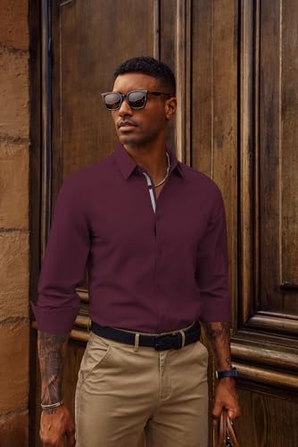 PJ PAUL JONES Mens Casual Button Down Shirt Untucked Wrinkle Free Shirts Long Sleeve Dress Shirt Burgundy XXL — view 3