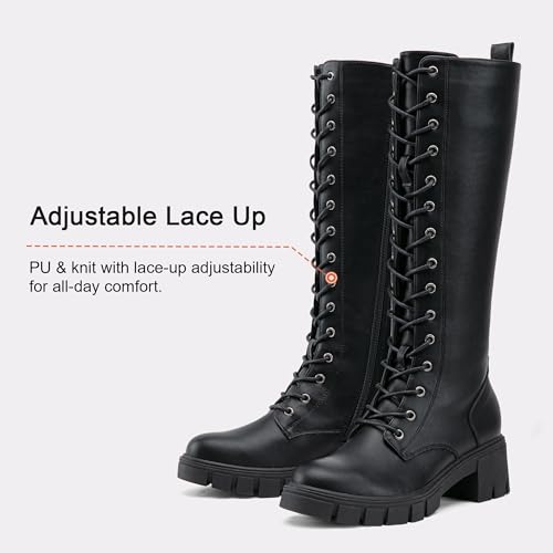 Image of Vepose Women's 953 Knee High Combat Boots Chunky Platform Heel, Lace Up Gothic Punk Work Boots for Dresses and Jeans