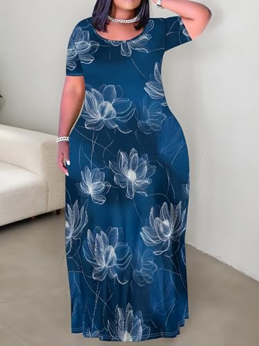 Image of PinkPatty Women's Plus Size Maxi Dresses Short Sleeve Sundress Summer T-Shirt Beach Long Dress with Pockets