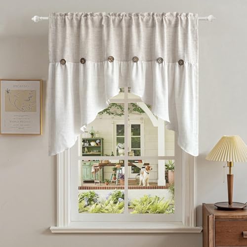 Gxi Beige Linen Curtain Swag for Living Room Button Kitchen