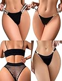 Lncozun Sexy Lace Shine Strap G-String Thongs for Women Cheeky Glitter Underwear Low Rise Panties T-back Lingerie Briefs Black 4 Pack M A