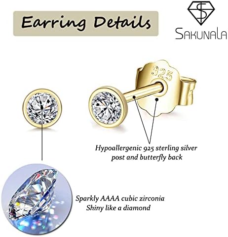 3 Pairs Sterling Silver Stud Earrings for Women Men Girls, Small Simulated Diamond Earrings Cubic Zirconia Stud Earrings Hypoallergenic Sleeper Earrings Set for Multiple Pirercings, Size 2, 3, 4mm