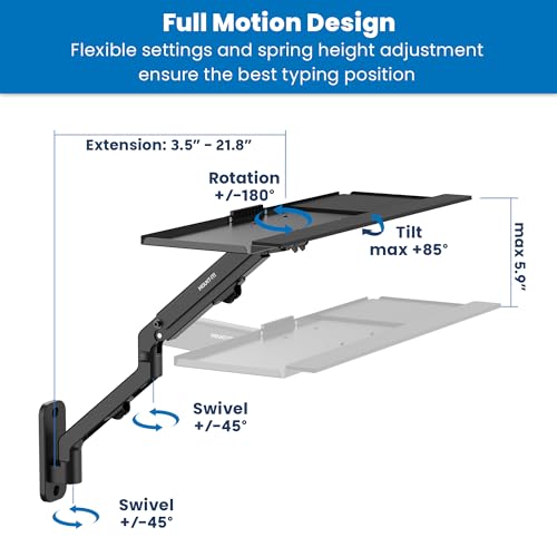 Image of Mount-It! Keyboard Wall Mount with Pole Option, Adjustable Keyboard and Mouse Tray with Spring Arm, Full Motion Swivel Tilt Extension, Ergonomic Workstation for Medical, Office, and Sim Racing
