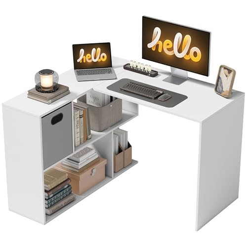HOMCOM Bureau d'angle, 110 x 100 x 75 cm, Bureau d'ordinateur en Forme de L avec tiroir en Tissu et Compartiments Ouverts, Table d'ordinateur pour Domicile,...