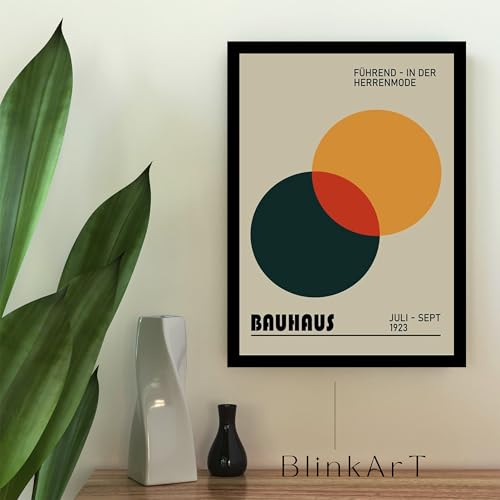 Image of BLINKART Vintage Bauhaus Retro Geometric Aesthetic Poster Gallery | Colorful Wrap Framed For Home Office Studio Living Room Modern Art Studio Decoration Abstract Shapes | (d91) | 13x10 Inch