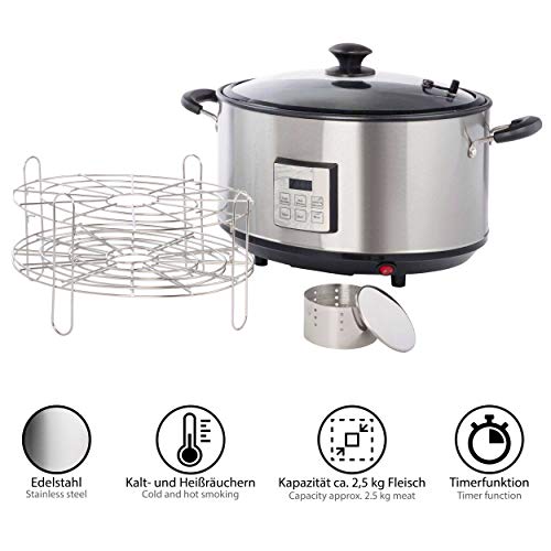 ONVAYA® Räuchertopf elektrisch | Material Edelstahl | Verschiedene Garstufen | Elektrischer Räucherofen in silber und schwarz (Silber/Schwarz Modell 2021)