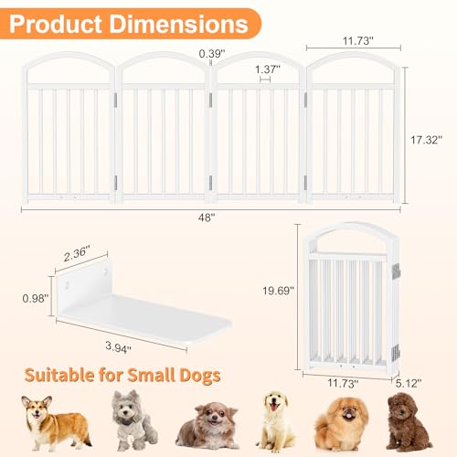 Snughome Short Dog Gate Indoor, 19.69\" H Freestanding Small Dog Door Gates with Support Feet, Expands Up to 48\" Wide Foldable Pet Gates for Doorway, 4 Panel Folding Pet Door Pet Fence for Puppy, White