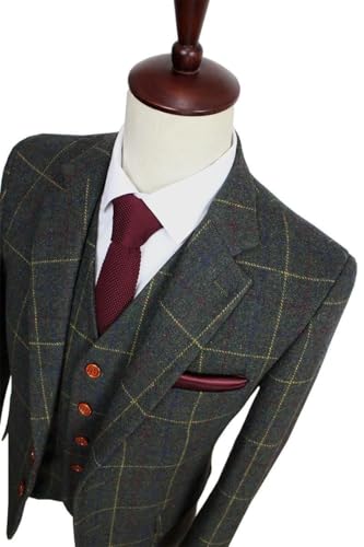 Men's Tweed Plaid Suit Three Pieces Tuxedo Single Breasted Button Checked Jacket & Vest & Pants2