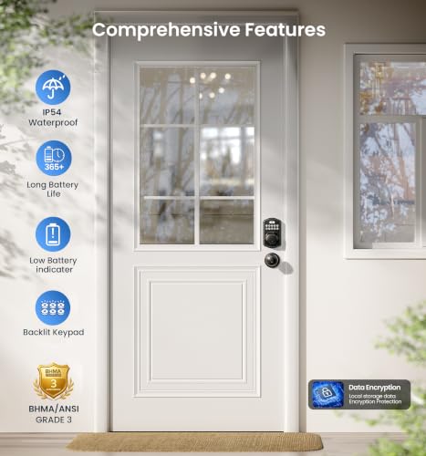 Image of Veise Fingerprint Door Lock with 2 Knobs - Keyless Entry Door Lock with Handle, Electronic Keypad Deadbolt, Smart Front Handle Set, Auto-Locking, Waterproof, Easy Installation, Matte Black