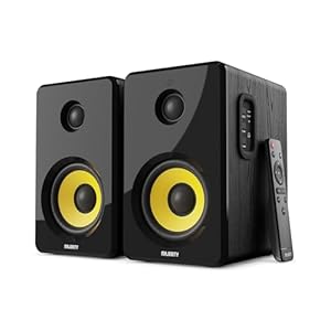 MAJORITY D40X Aktiv Regallautsprecher | 70W 2.0 Gelber Kevlar-Kegel Monitor Lautsprecher | Studio Monitor mit Bluetooth | Bookshelf HiFi Speakers mit Optische, RCA, USB AUX & Inklusive Fernbedienung