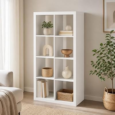 Furevol 8-Cube 2-Inch Super Thick Frame Bookcase, Cube Storage Organizer with Open Back, Reversible Bookshelf, 15.4 x 30.8 x 57.5, for Bedroom, Living Room, Home Office, White