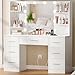 Quimoo Large Vanity Desk with LED Lighted Mirror & Power Outlet,Makeup Vanity Table with 7 Drawers,4 Shelves and 5 Hooks,Vanity Table, Vanity Desk Set for Bedroom,Bathroom,White