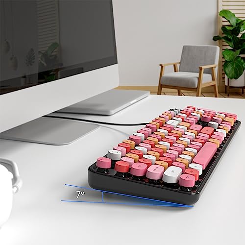 Image of MOWUX Computer Keyboard Wired, Plug and Play USB Retro Round Typewriter Keyboard, Full Size Wired Keyboard with Foldable Stands for Laptop and Office PC- Black Colorful