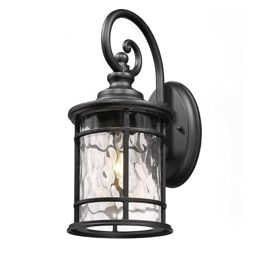 Emliviar Farmhouse Outdoor Light Fixture, 15.5" Exterior Lighting Fixtures with Water Ripple Glass, Die-Casting Aluminum in Black Finish, XE229B-WG BK
