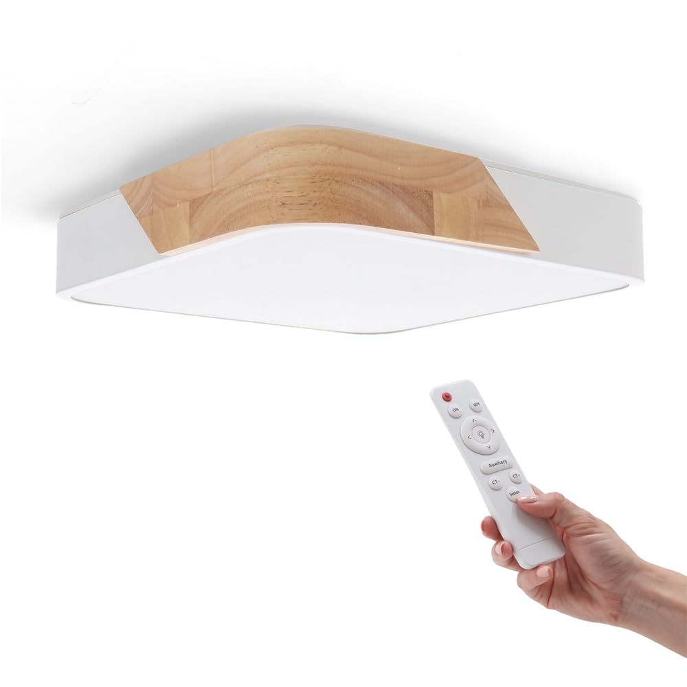 M Ledme 24W Square LED Ceiling Light with Remote Control, Adjustable 2700K-6500K from Cool White to Warm White and Intensity, 2400LM, Design White with Natural Wood, for Bathroom, Kitchen