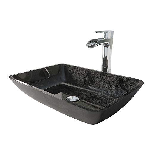 Vigo Vgt1852 18.13" L -13.0" W -10.5" H Glass Rectangular Vessel Bathroom Sink In Onyx Gray With Niko Faucet And Pop-Up Drain In Chrome #TOP2