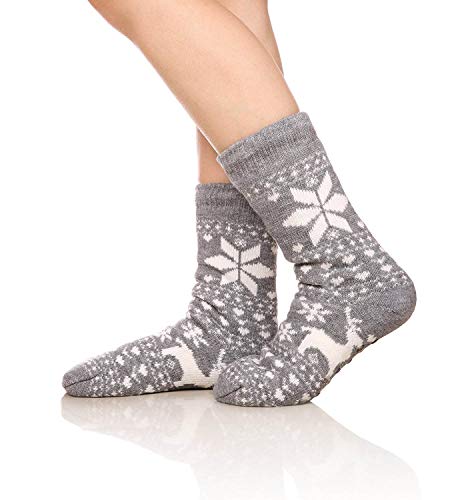 Fralosha Fuzzy Warm Slipper Socks Women Winter Floor Socks Super Soft Lined With Grippers Reading Socks Cozy Sleeping Reindeer Socks (Grey) #TOP1