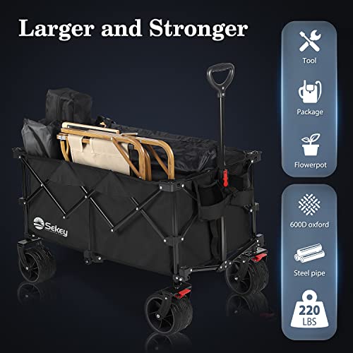 Sekey Collapsible Foldable Wagon With 220Lbs Weight Capacity, Heavy Duty Folding Utility Garden Cart With Big All-Terrain Beach Wheels & Drink Holders. Black #TOP3