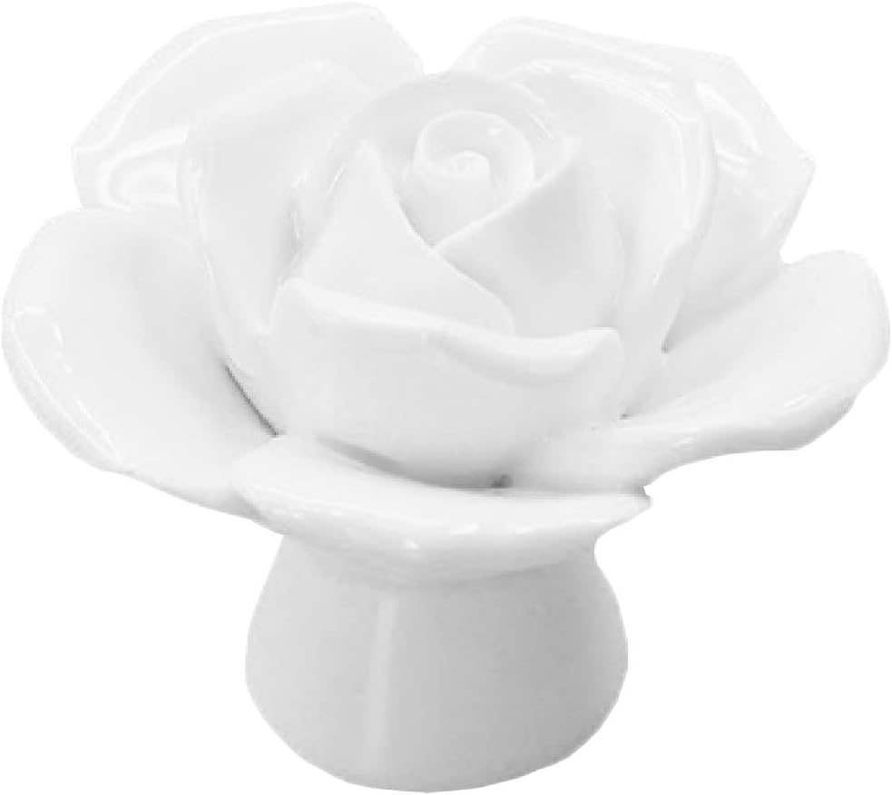 Ceramic Elegant Rose Flower Cabinet Knobs, 6Pcs White Vintage Kitchen Rose Flower Drawer Knobs Pull Handles for Girl's Room Dresser Cupboard Wardrobe with 3 Size Screws (6 Pack, White)
