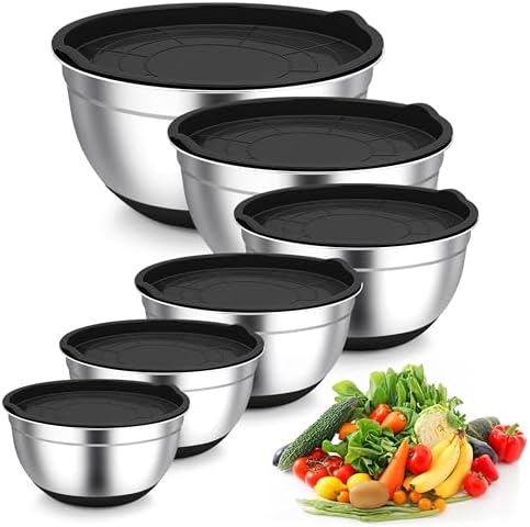 TeamFar Mixing Bowls, Black Mixing Bowls with Lids Set, Stainless Steel Nesting Salad Bowl with Air-tight Lid & Silicone Bottom, Non Slip & Stackable - Set of 6-4.6/2.6/2 / 1.5/1 / 0.7 Qt